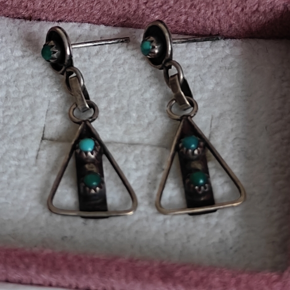Vintage Southwestern Native American Turquoise Snake Eyes Drop Earrings - Picture 12 of 13